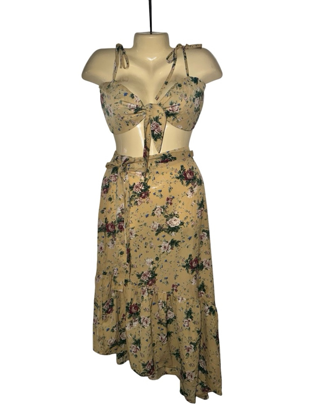 Floral Tie-Front Yellow Asymmetrical Top and Skirt Set